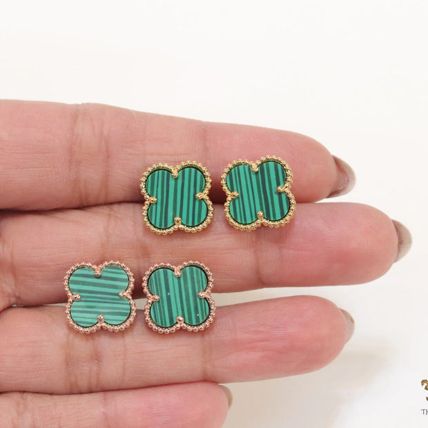 Malachite green clover stud earrings in rose gold finish