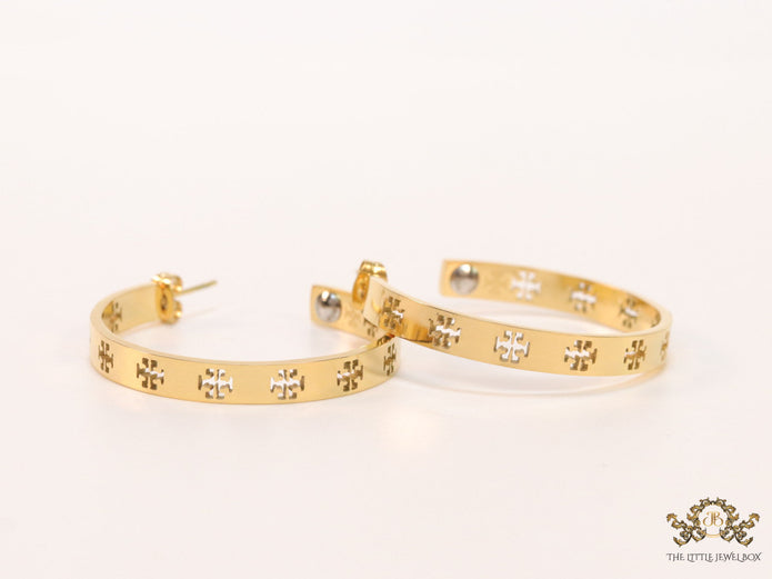 Gold plated hoop earrings with double T motifs 38 mm