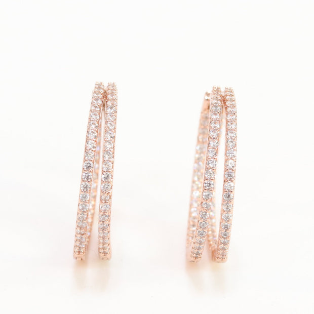 Double layered hoops with CZ in rose gold finish