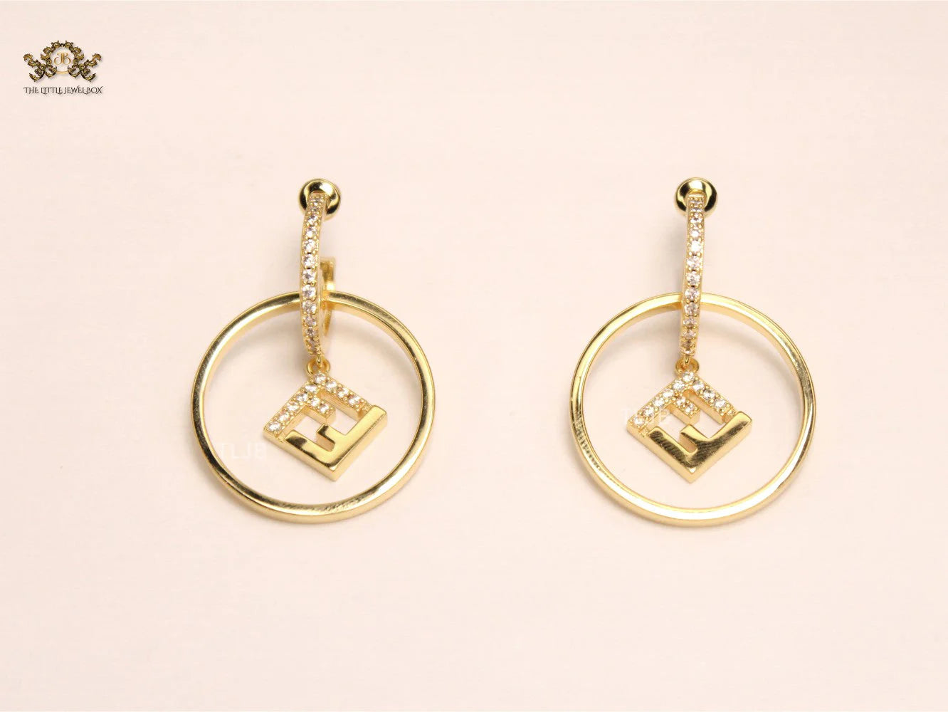 Alphabet F gold and CZ hoop earring
