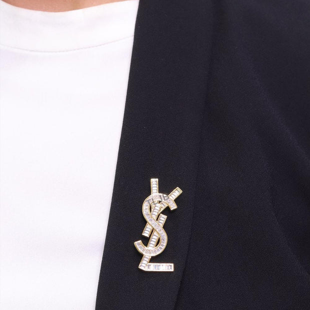 Golden alphabet brooch with cz baguettes