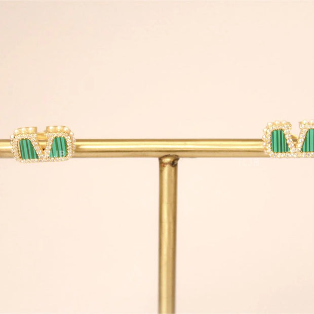 Alphabet V green malachite earrings