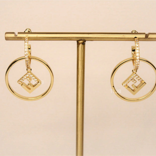 Alphabet F gold and CZ hoop earring