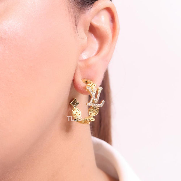 Alphabet L & V gold and cz statement hoops
