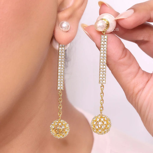 Pearl and cz alphabet long chain bomber style dangles