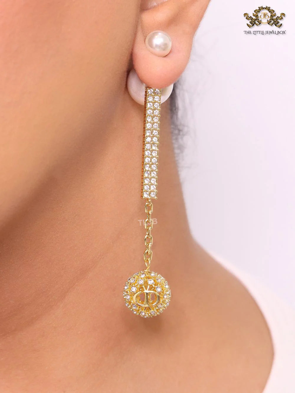 Pearl and cz alphabet long chain bomber style dangles