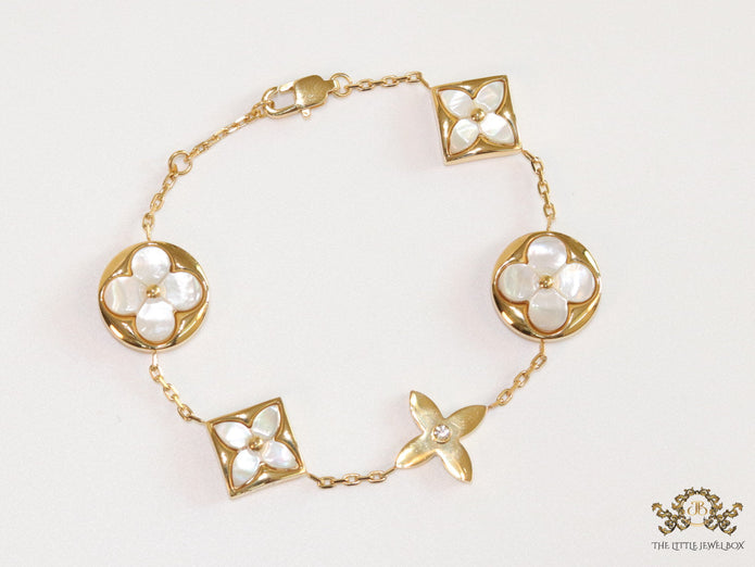 Gold plated chain bracelet with MOP clovers XL