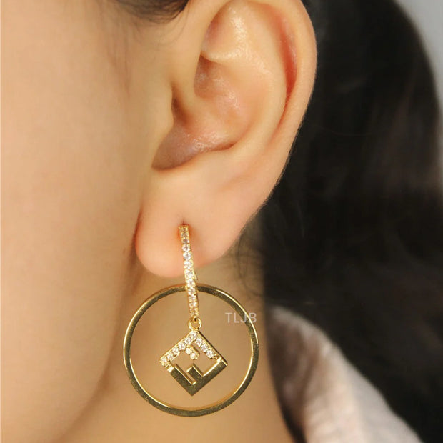Alphabet F gold and CZ hoop earring