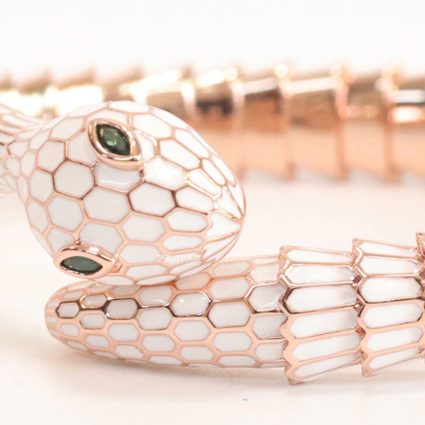 Serpentine open bracelet in white enamel and rose golden finish