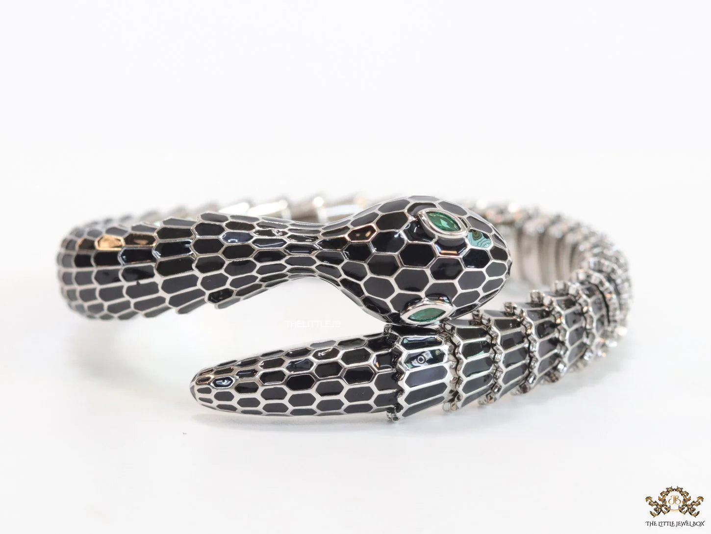 Serpentine open bracelet in black enamel and platinum finish