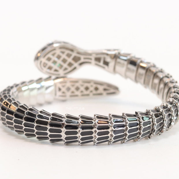 Serpentine open bracelet in black enamel and platinum finish