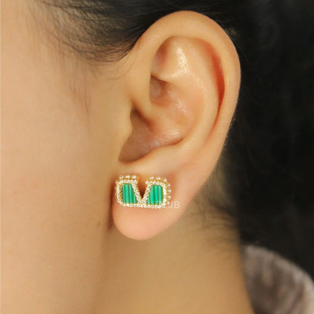 Alphabet V green malachite earrings