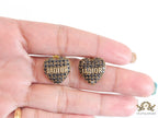 Heart shaped alphabet stud earrings in golden and black finish