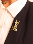 Alphabet Y gold brooch with cz and pearl