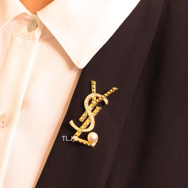Alphabet Y gold brooch with cz and pearl