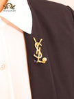 Alphabet Y gold brooch with cz and pearl