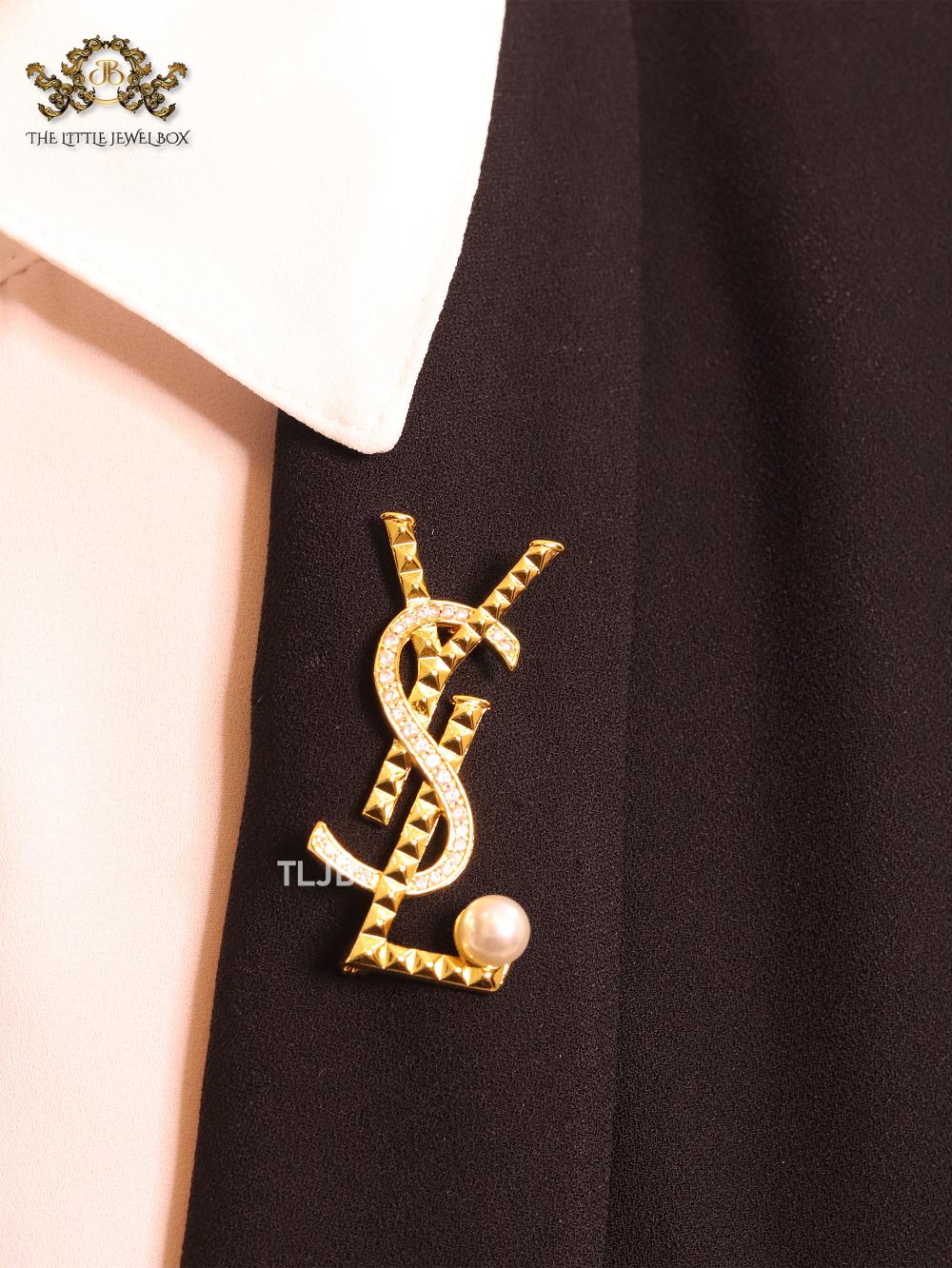 Alphabet Y gold brooch with cz and pearl