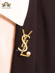 Alphabet Y gold brooch with cz and pearl