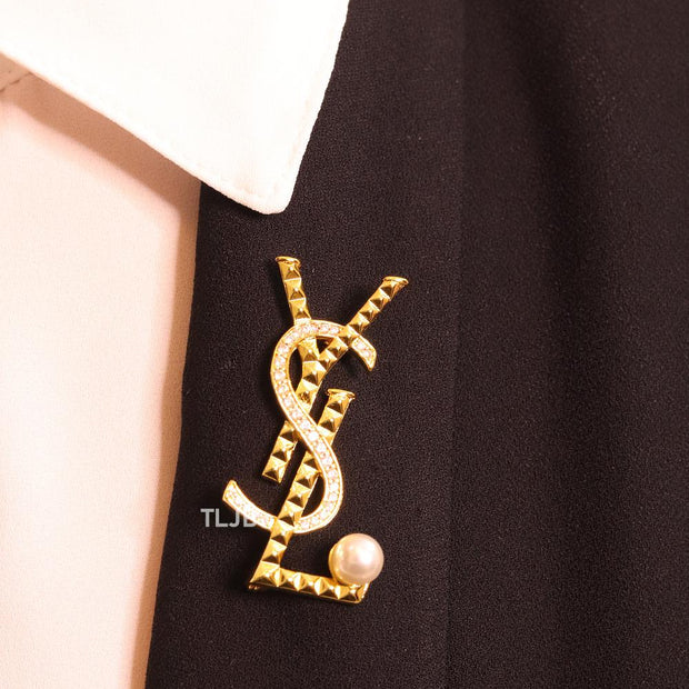 Alphabet Y gold brooch with cz and pearl