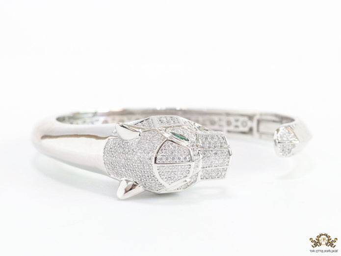 Platinum plated open panther bracelet with cz