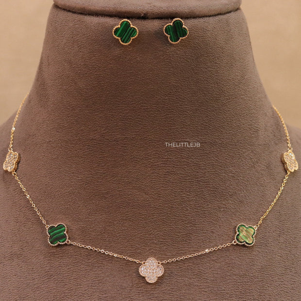 Gold plated necklace set with cz and malachite green clovers