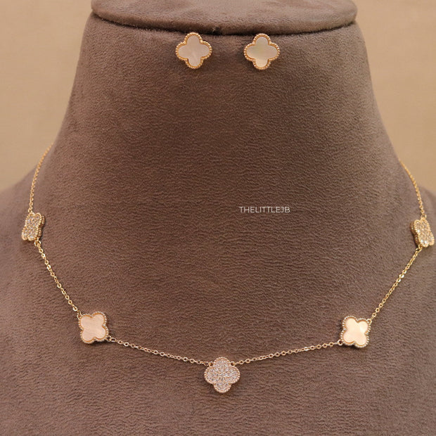 Gold plated necklace set with cz and mother of pearl clovers