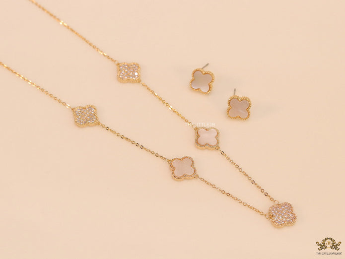 Gold plated necklace set with cz and mother of pearl clovers