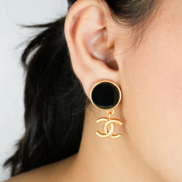 Double C Matt Gold Studs with Black Round Stone | Chic Fashion Earrings