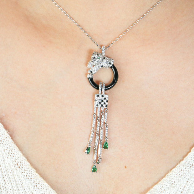 Alphabet C Panther Chain Set in Platinum with Black Circle Green Drops | Luxury Jewelry Set