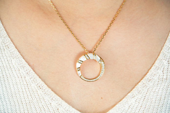 Alphabet BVL White MOP CZ Pendant Set with Gold Chain | Designer Jewelry Set