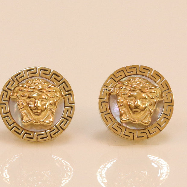 Gold plated Medusa studs in white enamel coating