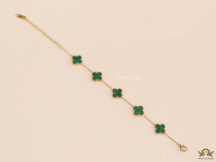 Openable chain bracelet with green malachite clovers