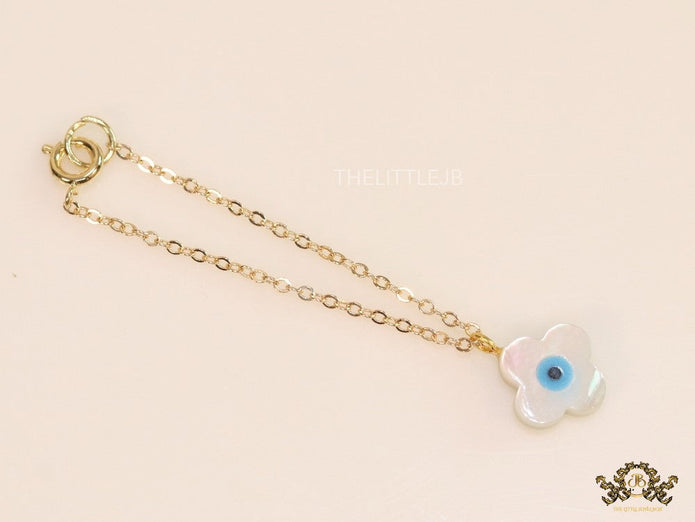 Clover leaf shaped mother of pearl watch charm with evil eye and gold plated chain