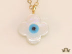 Clover leaf shaped mother of pearl watch charm with evil eye and gold plated chain