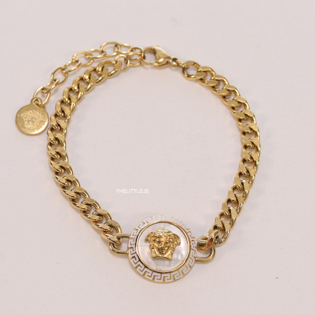 Golden link chain bracelet with Medusa motif centre