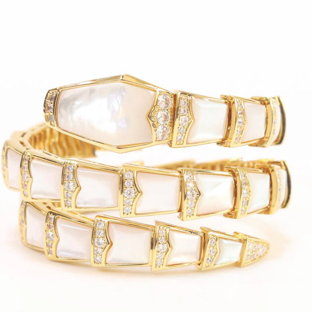 snake white and gold cz 3 layer bracelet