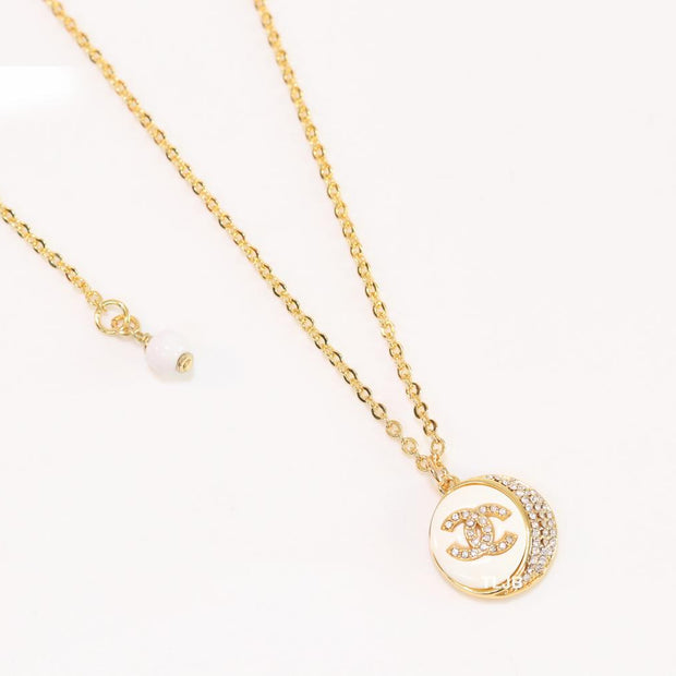 Double C cz and white enamel gold round chain