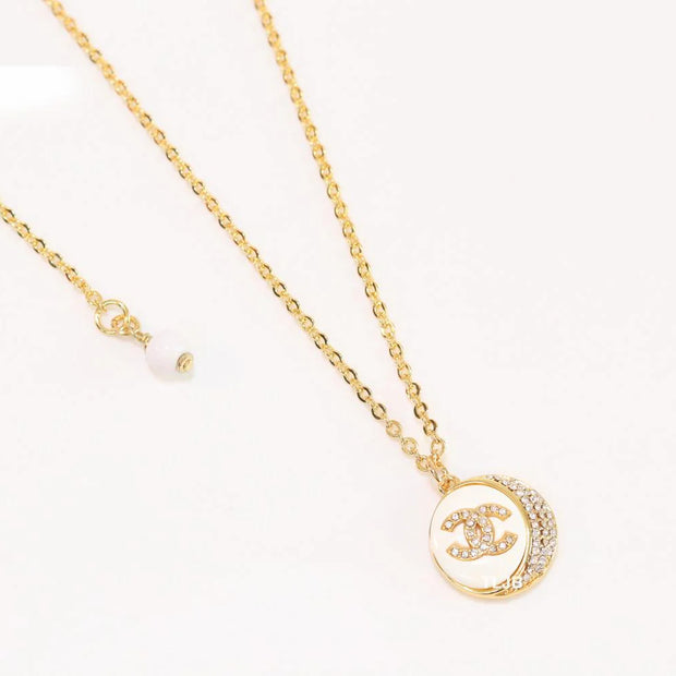 Double C cz and white enamel gold round chain