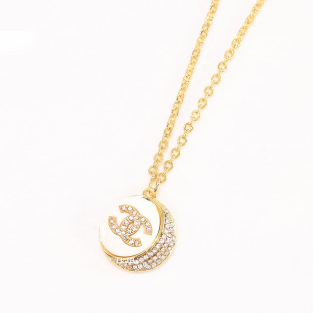 Double C cz and white enamel gold round chain