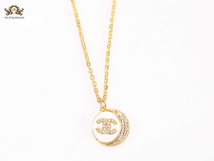 Double C cz and white enamel gold round chain