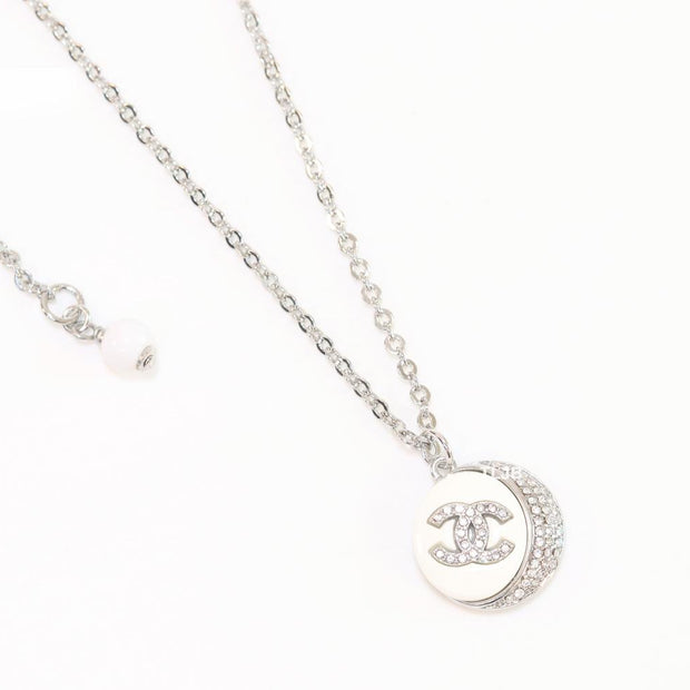 Double C cz and white enamel platinum round chain