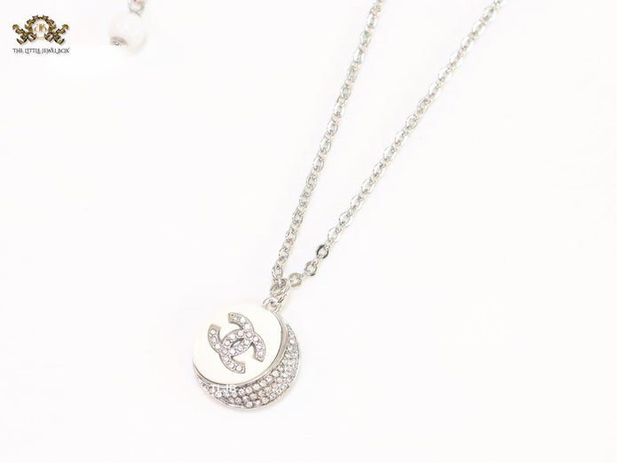Double C cz and white enamel platinum round chain