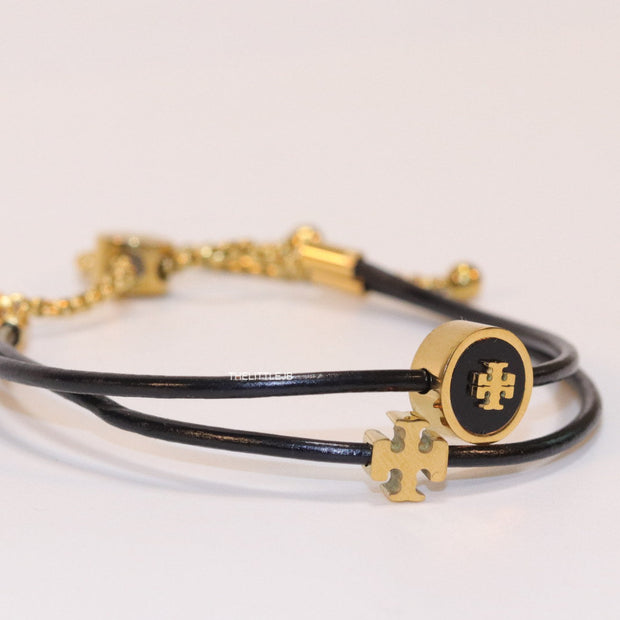Adjustable double string black bracelet with twin T motifs
