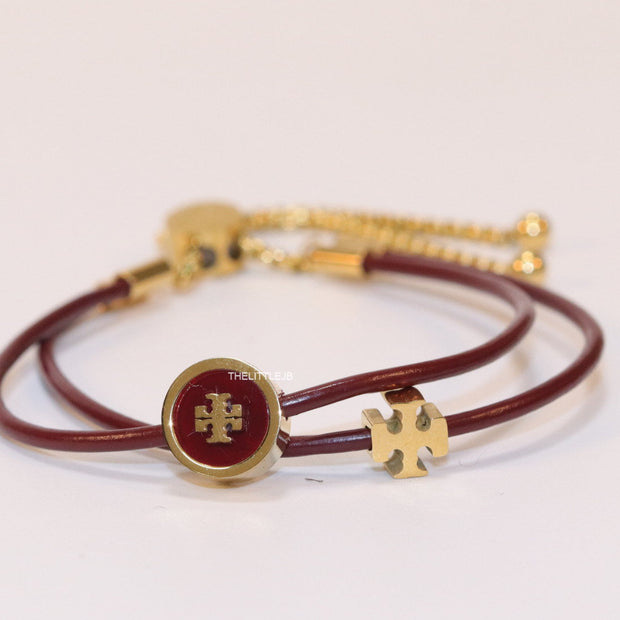 Adjustable double string maroon bracelet with twin T motifs