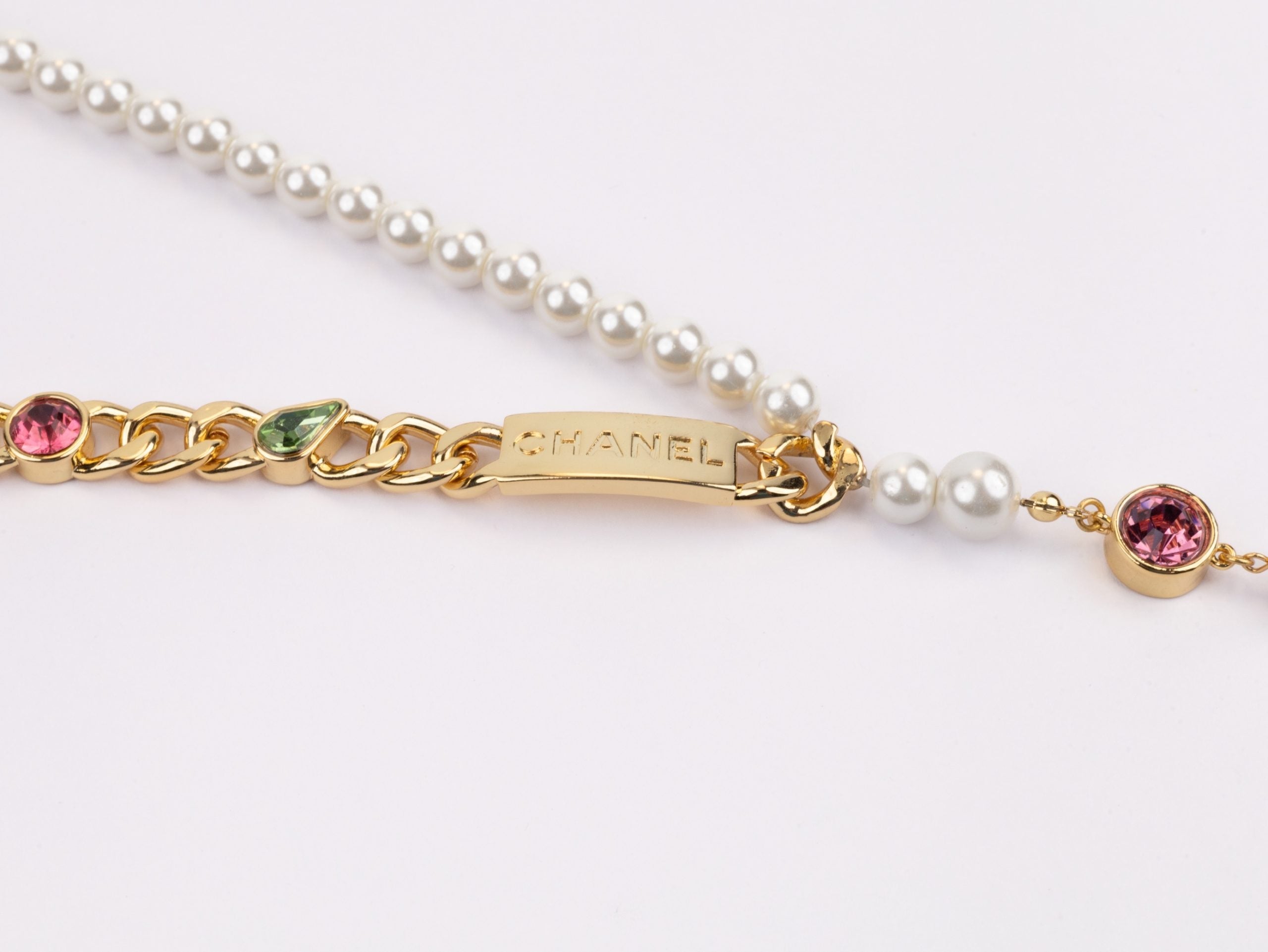 Half Gold and half Pearl Double C chain with mutlicolores stones and CZ