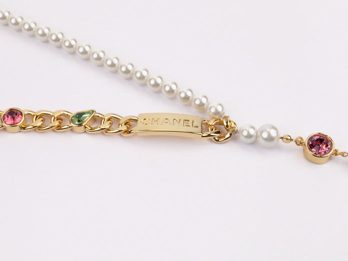 Half Gold and half Pearl Double C chain with mutlicolores stones and CZ