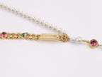 Half Gold and half Pearl Double C chain with mutlicolores stones and CZ