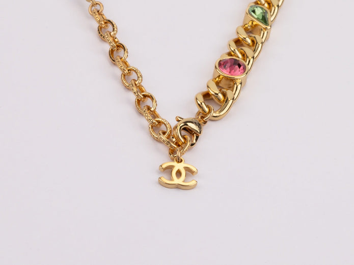 Half Gold and half Pearl Double C chain with mutlicolores stones and CZ