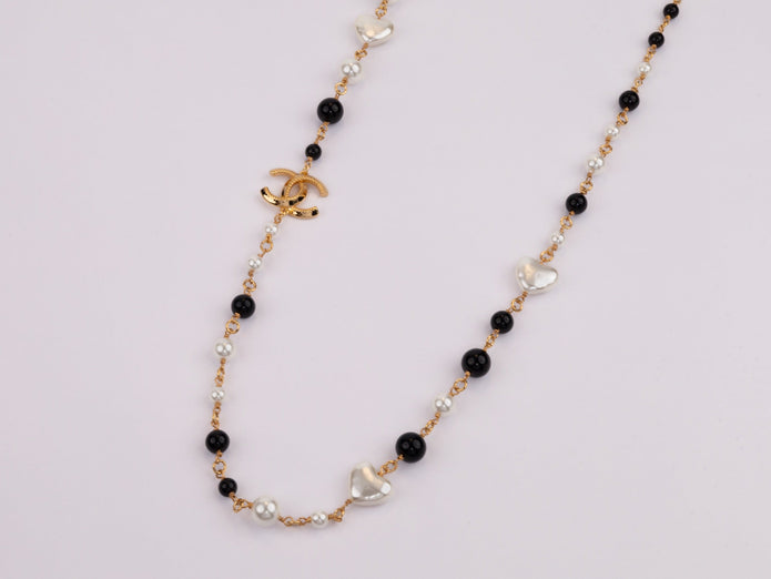Gold Double C chain with Black beads, hearts and pearls