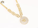 Medusa round pendant with gold link chain